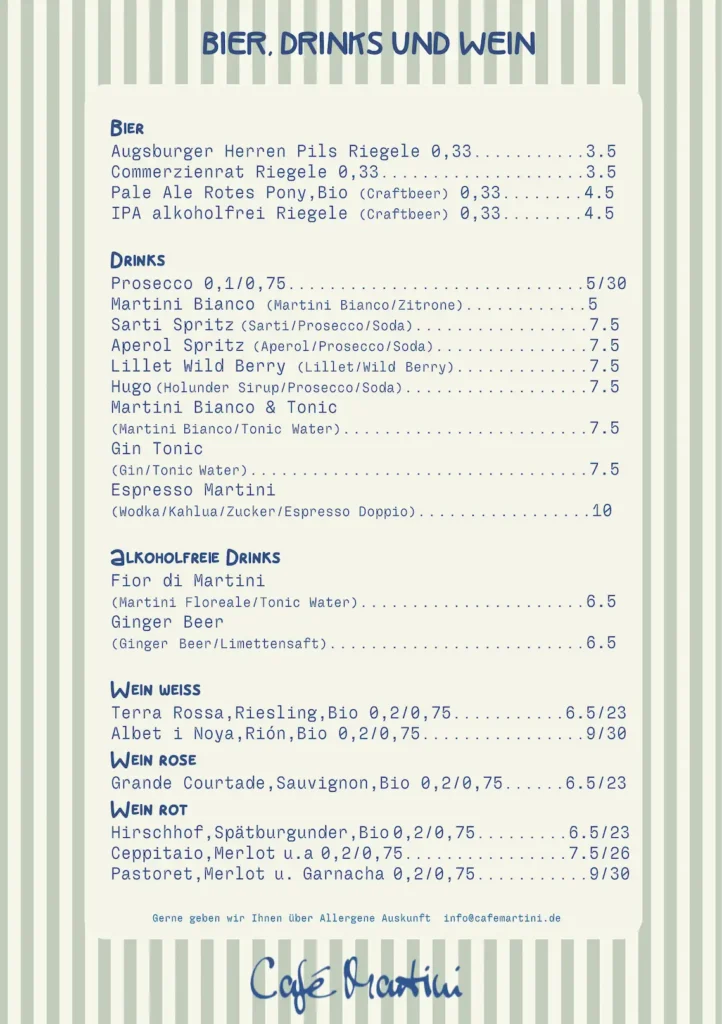 Getränkekarte vom Café Martini mit Bier, Drinks mit und ohne Alkohol und Weine zur Auswahl